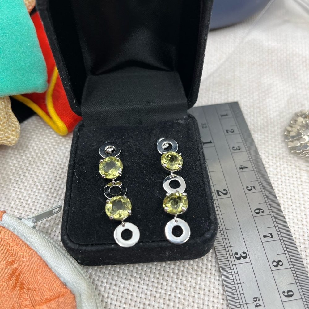Vintage KN 925 Sterling Silver Yellow-Green Gemstone Dangle Earrings - Picture 15 of 17